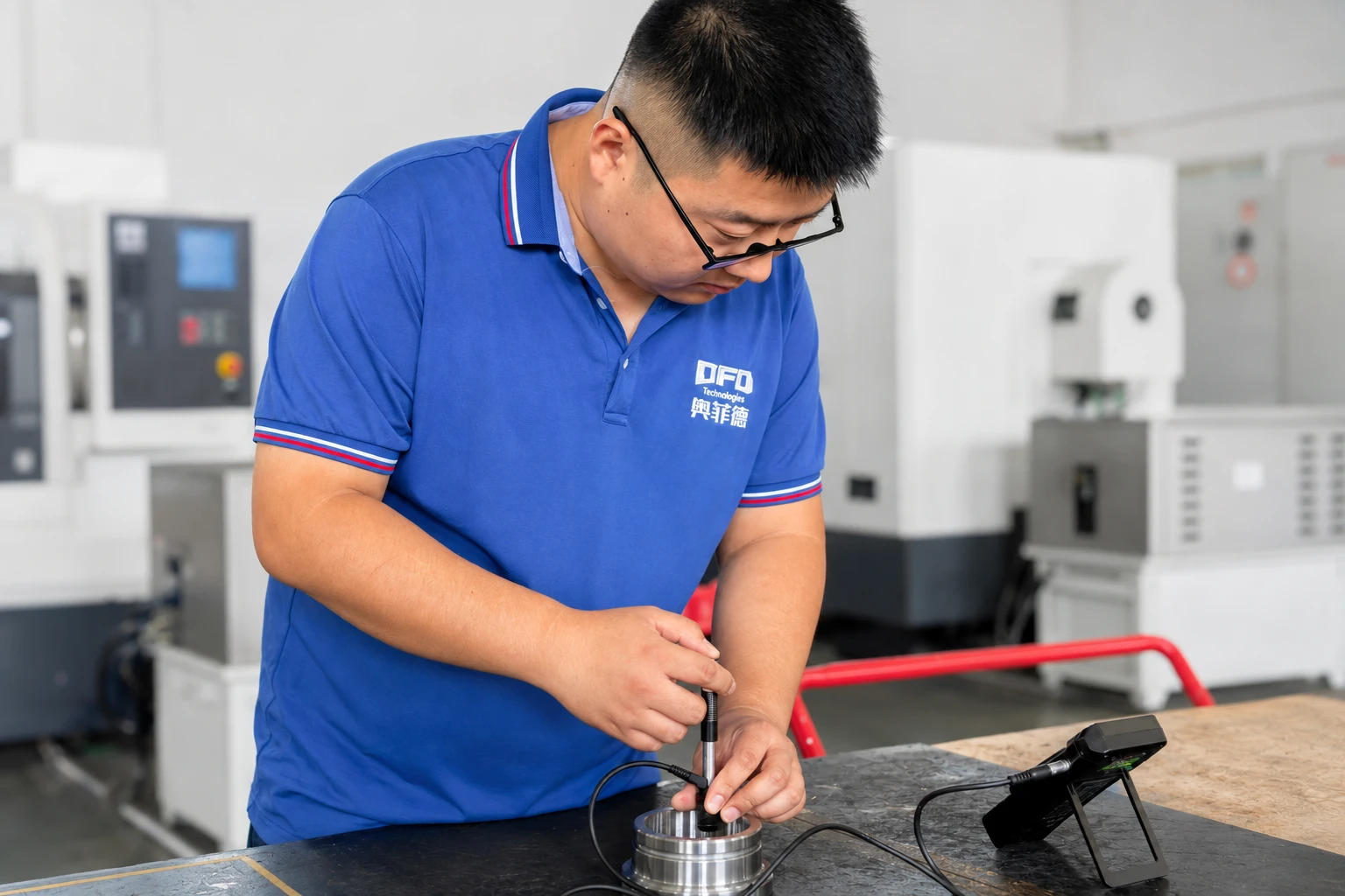 OFD technician inspecting a metal component